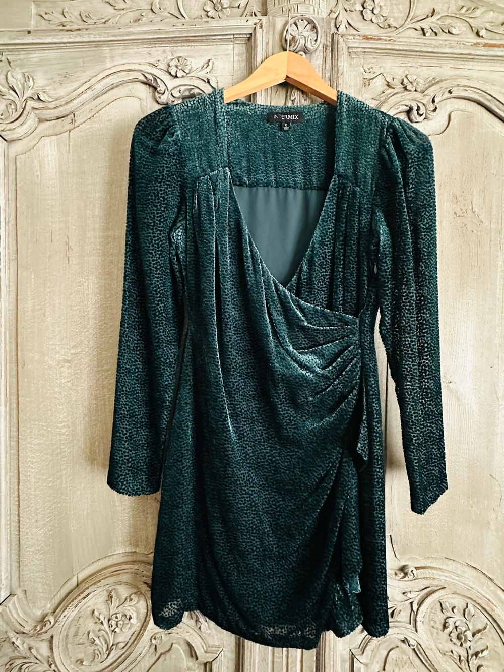 INTERMIX Deep Green Velvet Draped Long Sleeve Dress